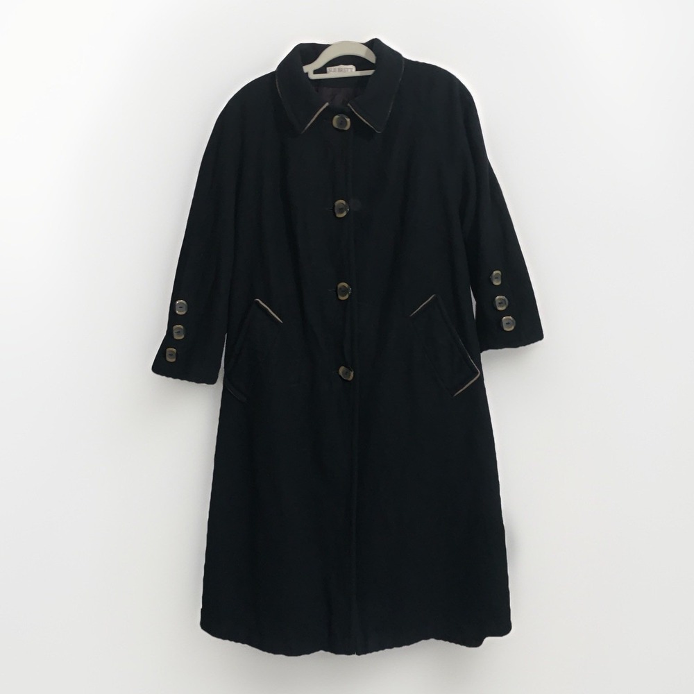 VTG SUE BRETT Lined WOOL Black Beige Coat Single Breasted Pockets Jacket USAMADE
